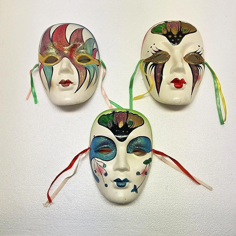 Vintage Hand-Painted Venetian‎ Style Ceramic Wall Masks–Set of 3–Glitter Accents